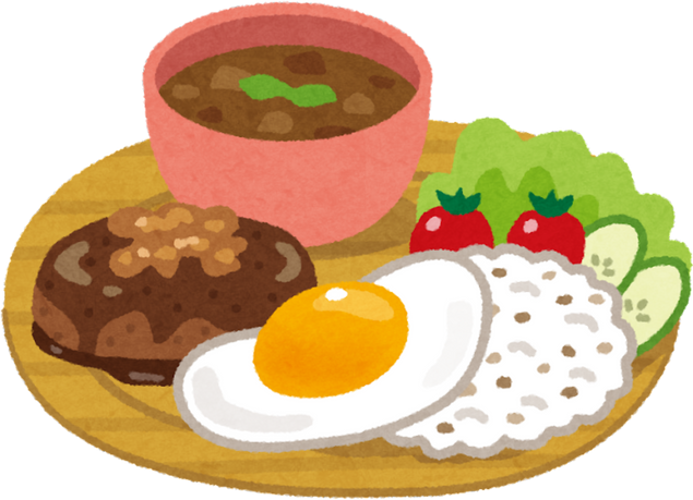 Illustration of a One Plate Meal with Rice, Salad, Soup, and Fried Egg